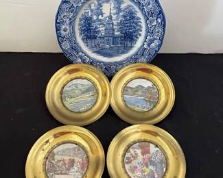 Liberty Blue Plate Independence Hall 4Vintage Round Brass Scenic Wall Hangings