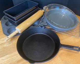 Pyrex Pie Dish with Baking Pans and Wood Rolling Pin
