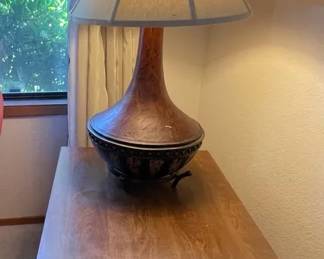 Wooden Side Table With Decorative Lamp
