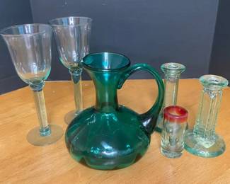 Green Glass Pitcher with Agave Plant Shot Glass Candle Holders and Wine Glasses