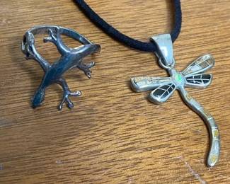 Silver Lizard Ring with Sterling Dragon Fly Necklace