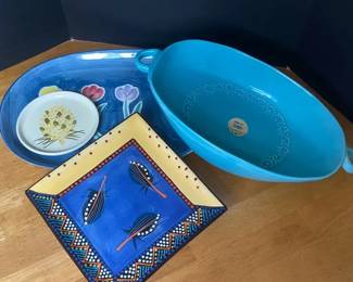 Blue Maioliche Jessica Dish Made In Italy with Square N Mkiva Plate and Hand Painted Plates