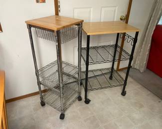 Two Rolling Wooden Top Wire Rack Carts