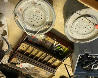 bait buckets and tackle boxes