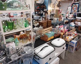 green glass, amber glass, green Fire King, roasting pans, sewing, Barbie