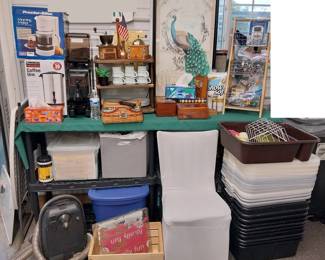 chair covers (98), dish bussing tubs, coffee urn, peacock picture
