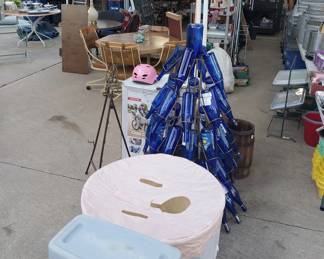 bottle tree, cold plunge bath bucket, dining table 4 chairs