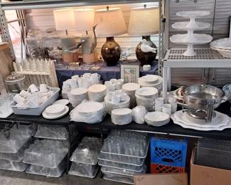 white Studio Platinum dinner plates(350), salad plates(350) and coffee cups, Libby Orbitas glasses (280), table lamps, chafing dish