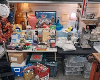 Labatt Blue mirror sign, cooler, office supplies, Bunn commercial coffee maker, Edelstein china set, vases, lamps, paper shredder