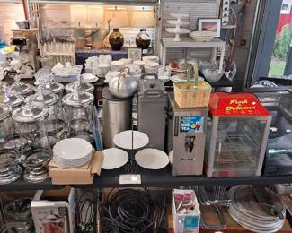 drink dispensers, 3 tier dessert trays (11), Bunn tea dispenser, food display case, food warming case