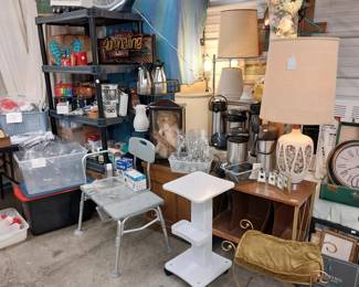Sobe adrenaline rush neon sign, mid century table lamp, plastic beer pitchers, shower seat, coffee dispensers, nail tech stand, record cabinet, metal wire seat