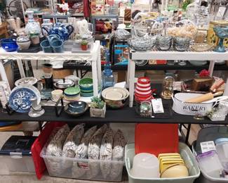 deco pillows, Tupperware, carnival glass, Fiestaware, plastic storage, food storage