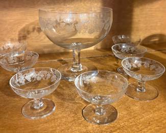 Child’s Sized Mini Etched Depression Glass Punch Bowl Set 