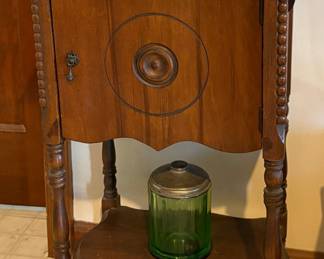 Antique Smoking Stand Cabinet w/ Depression Glass Humidors 
