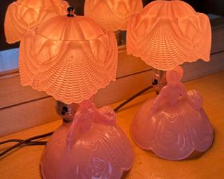Vintage c1950 Pink Glass Southern Belle Boudoir Lamps