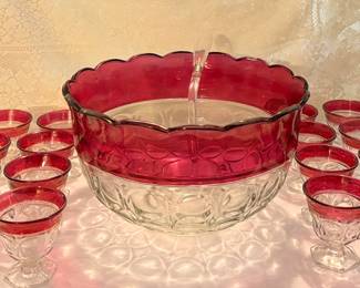 Vintage Indiana Glass Kings Crown Ruby Punch Bowl Set W/ 16 Footed Cups & Ladle
