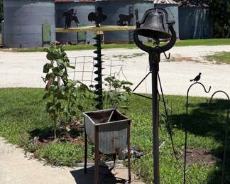 John Deere Inspired Western Yard Art Wheel, Galvanized Wash Tub Planter, Vintage Iron Farm Bell