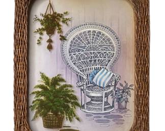 Vintage Boho Rattan Wicker Fan-Back Peacock Chair Fern Plants 3D Look 10x13