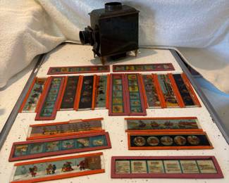 Antique Candle Projector Magic Lantern Lamp w/ Glass Photo Slides