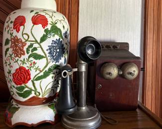 Large OOAK Ceramic Ginger Jar & early 1900’s Candlestick Telephone / Phone with Antique Ringer Box 