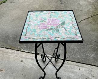 Outdoor or indoor iron table with mosaic glass rose design