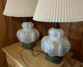 Pair of glass with blue flowers lamps, vintage