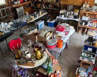 Glassware, Tupperware, jewelry, linens, table toppers n doily sets, cookware, Wilton cake n candy items, tools