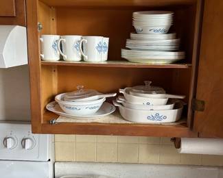Corning ware oven ware, casseroles all with lids. 8 sets of dinner plates, bowls; marching cups n glasses. 