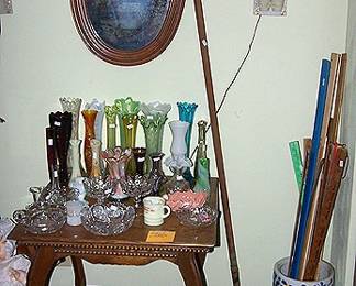 Lamp table, assorted glass vases, yard stick collection