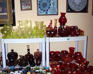 Colorful glassware including Amberina, red and purple / toothpick collection