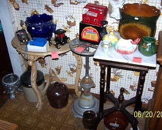 Half moon table, akro agate smoking stand, marble top table, crocks, novelty and transistor radios, etc...