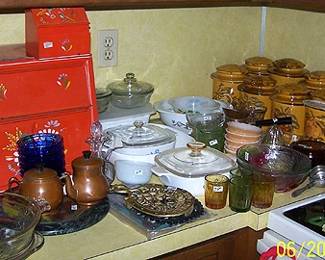 Red Ranscraft breadbox and matching recipe box, MCM canisters, Corning ware, etc...