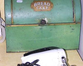 Old breadbox and Sunbeam hand mixer