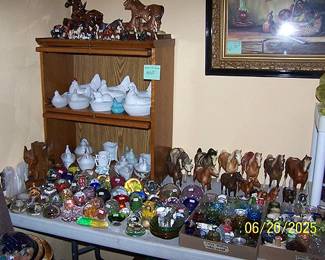 Barrister bookcase, horse collection including Breyer, milk glass covered dishes, paperweight collection