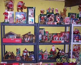 Christmas items including Nativities, mechanical Santas, Coca cola