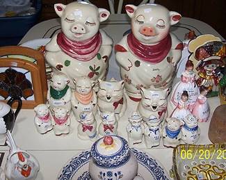 Shawnee Smiley cookie jars, shakers, Puss in boots creamers and shakers, Holt Howard teapot, etc...