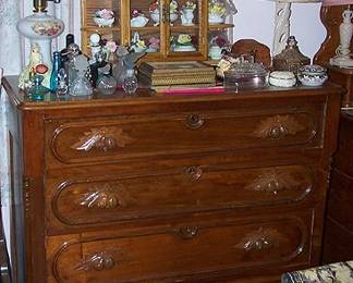 Walnut dresser, small display cabinet, perfume and cologne bottles