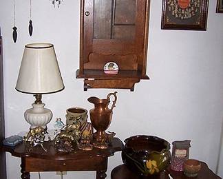Wall cabinet, small tables, ball and claw piano stool, 1903 Victrola Record Puzzle (framed)
