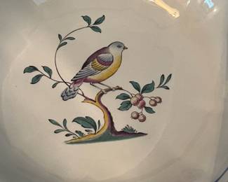 R36 - $550. Spode Queen's Bird. 57 Pieces. 6 Dinner Plates. 9 Luncheon Plates. 9 Saucers. 9 Tea Cups. 1 Medium Oval Serving Bowl 9" x 6.5". 1 sugar bowl & creamer set. 6 - 9" rimmed soup bowls. 8 - Small Bowls 6.25". 8 - Small Plates 6.25".