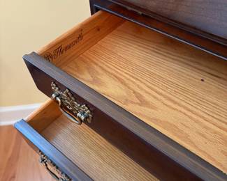 R29 - $175. Thomasville Mahogany Queen Anne drop-front secretary desk. Cabriole legs and brass hardware. Excellent Condition. Measures 30" wide x 16" x 29.5" tall.
