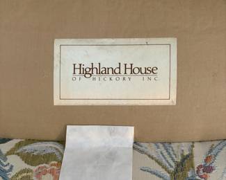 R48 - $150. Pair of Highland House High Wingback Chairs with Bird & Floral Pattern. Measures 32" wide x 22" deep x 44" tall. Floor to Seat is 19". Great condition!