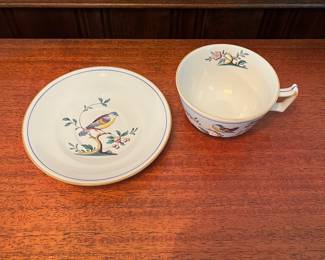 R36 - $550. Spode Queen's Bird. 57 Pieces. 6 Dinner Plates. 9 Luncheon Plates. 9 Saucers. 9 Tea Cups. 1 Medium Oval Serving Bowl 9" x 6.5". 1 sugar bowl & creamer set. 6 - 9" rimmed soup bowls. 8 - Small Bowls 6.25". 8 - Small Plates 6.25".