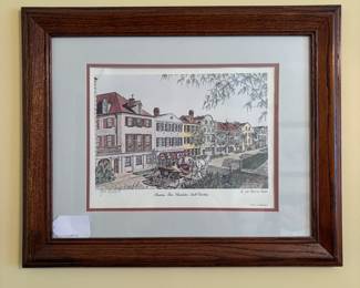 R23 - $20. Framed Print of Rainbow Row by Jean Claude de Montfort 1974. Measures 21.5" x 17.5".