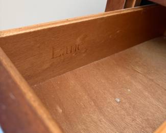 R5 - $40. Lane Furniture Thin Side Table. Measures 13" wide x 22" deep x 23" tall. Single drawer slides easily. Very good condition.