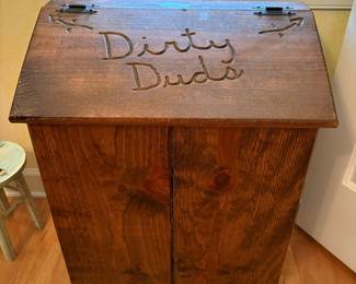 R34 - $30. Dirty Duds Wooden Laundry Hamper. Measures 22.5" x 13" x 27" tall.