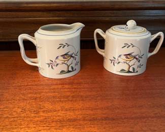 R36 - $550. Spode Queen's Bird. 57 Pieces. 6 Dinner Plates. 9 Luncheon Plates. 9 Saucers. 9 Tea Cups. 1 Medium Oval Serving Bowl 9" x 6.5". 1 sugar bowl & creamer set. 6 - 9" rimmed soup bowls. 8 - Small Bowls 6.25". 8 - Small Plates 6.25".