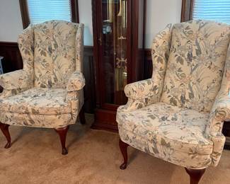 R48 - $150. Pair of Highland House High Wingback Chairs with Bird & Floral Pattern. Measures 32" wide x 22" deep x 44" tall. Floor to Seat is 19". Great condition!