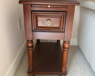 R5 - $40. Lane Furniture Thin Side Table. Measures 13" wide x 22" deep x 23" tall. Single drawer slides easily. Very good condition.