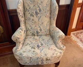 R48 - $150. Pair of Highland House High Wingback Chairs with Bird & Floral Pattern. Measures 32" wide x 22" deep x 44" tall. Floor to Seat is 19". Great condition!