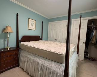 R19 - $450. Craftique Full Size 4 Poster Bed. Measures 48" wide x 81.5" deep x 79" tall. Very minor wear on the headboard all other parts are in excellent condition. The mattress is *very* high as is - currently 33" off the floor (you could replace the box spring with a bunkie board to lower it). Clean mattress & box spring included if you want them!